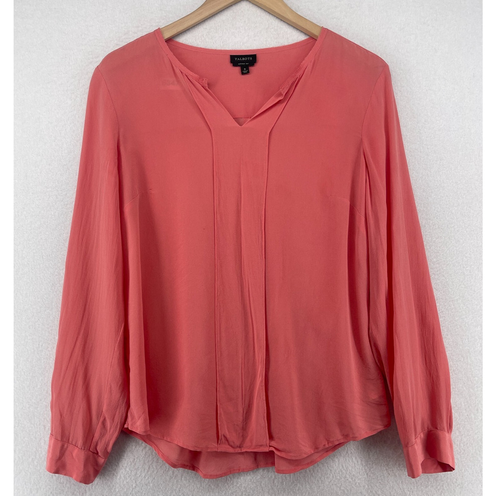 TALBOTS Blouse 6 Washable Silk Top Frayed Split Neck Long Sleeve Pink